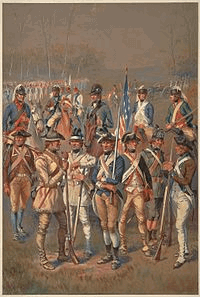 two lines of men in Continental uniforms, seven standing infantrymen in the foreground and five mounted cavalry in the middle-ground. Seven have mostly blue coats, three coats are mostly brown, one is tanned buckskin, and one is white linen.