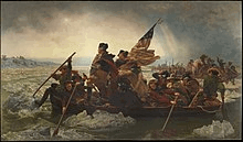 Famous 1851 painting by Emanuel Leutze, depicting Washington, standing in boat with his troops, crossing the icy Delaware River, with soldiers pushing away chunks of ice