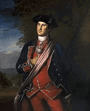 Painting of Washington, by Charles Wilson Peale, standing in a formal pose, in a colonel's uniform, right hand inserted in shirt