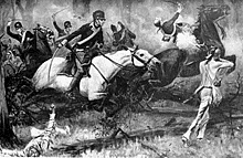 A R.F. Zogbaum scene of the Battle of Fallen Timbers includes Native Americans taking aim as cavalry soldiers charge with raised swords and one soldier is shot and loses his mount