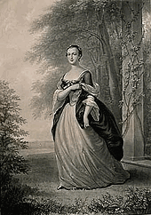 A mezzotint of Martha Washington, standing, wearing a formal gown, based on a 1757 portrait by John Wollaston