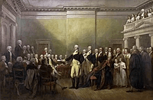 Painting by John Trumbull, depicting General Washington, standing in Maryland State House hall, surrounded by statesmen and others, resigning his commission