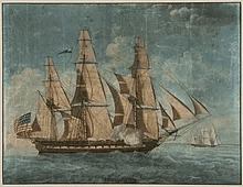 Painting of the frigate USS Constitution with three masts