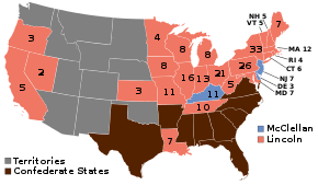 Map of the U.S. showing Lincoln winning all the Union states except for Kentucky, New Jersey, and Delaware. The Southern states are not included.