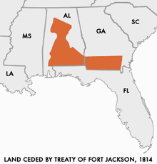 Map showing in dark orange land areas ceded by Indians