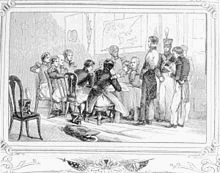 Two soldiers stand trial. Several other men gather around.