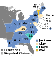 A map of the 1832 presidential election. Blue states were won by Jackson.