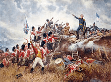 Blue U.S. soldiers stand behind an earthen wall as red-coated British soldiers charge. Jackson stands atop the parapet with his right hand outstretched and holding a sword.