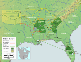 Map of the southern United States showing in dark green areas ceded by Indians