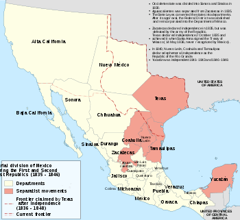 A map of Mexico, showing state and territory divisions as of 1835. Texas, Coahila, Nuevo León, Tamaulipas, Zacatecas and the Yucatán are shaded, marking them as having separatist movements.