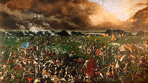 The painting shows many men, some on foot and some on horseback, engaged in hand-to-hand combat. One man carries the Mexican flag; another carries the flag of the Republic of Texas. In the background are several tents; behind them is a body of water.