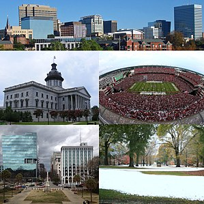 Clockwise from the top: Columbia skyline, Williams-Brice Stadium, Horseshoe at University of South Carolina, Main street from Statehouse steps, and South Carolina State House