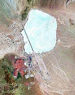 A pseudocolor satellite image taken in 2000 showing the base with Groom Lake just to the north-northeast.