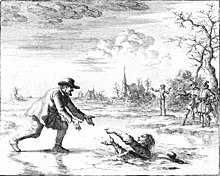 Dirk Willems (picture) saves his pursuer. This act of mercy led to his recapture, after which he was burned at the stake near Asperen (etching from Jan Luyken in the 1685 edition of Martyrs Mirror