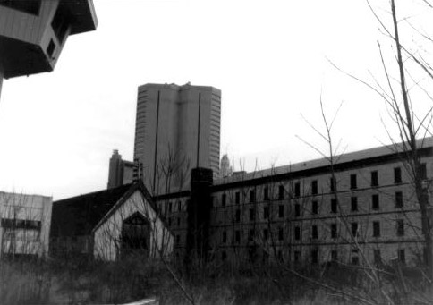 A black and white photo of the haunted Ohio State Penitentiary.