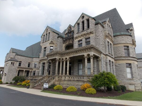 The front facade of the Ohio State Reformatory, one of the most haunted jails in the US.