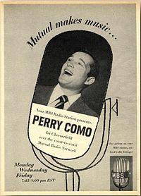 Photograph of a man singing, superimposed on an illustration of a microphone and accompanied by advertising copy, including the slogan 