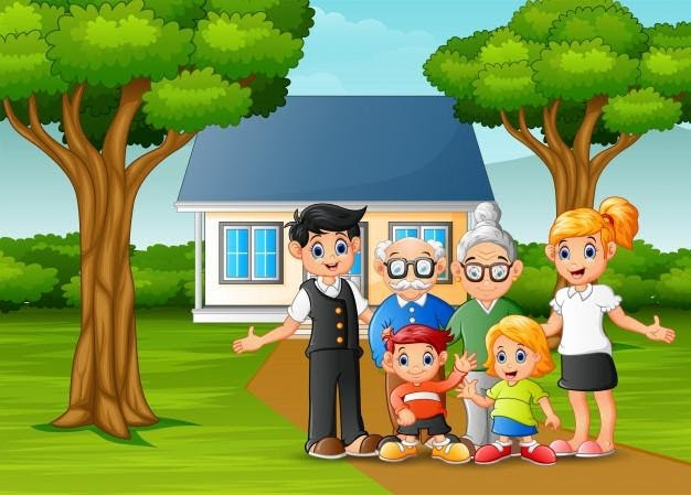 Familia de dibujos animados frente al patio de la casa. | Vector ...