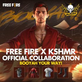 Image may contain: 1 person, text that says 'FREE RE FREE FIRE X KSHMR OFFICIAL COLLABORATION BOOYAH YOUR WAY!'