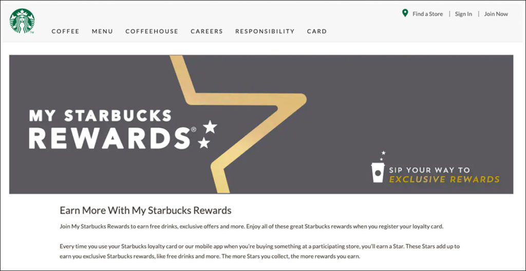 Página de inicio de recompensas de Starbuck