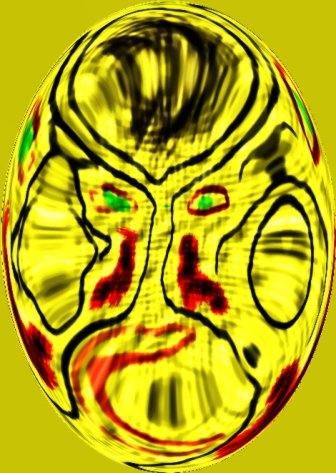 A yellow circular painting of a face.