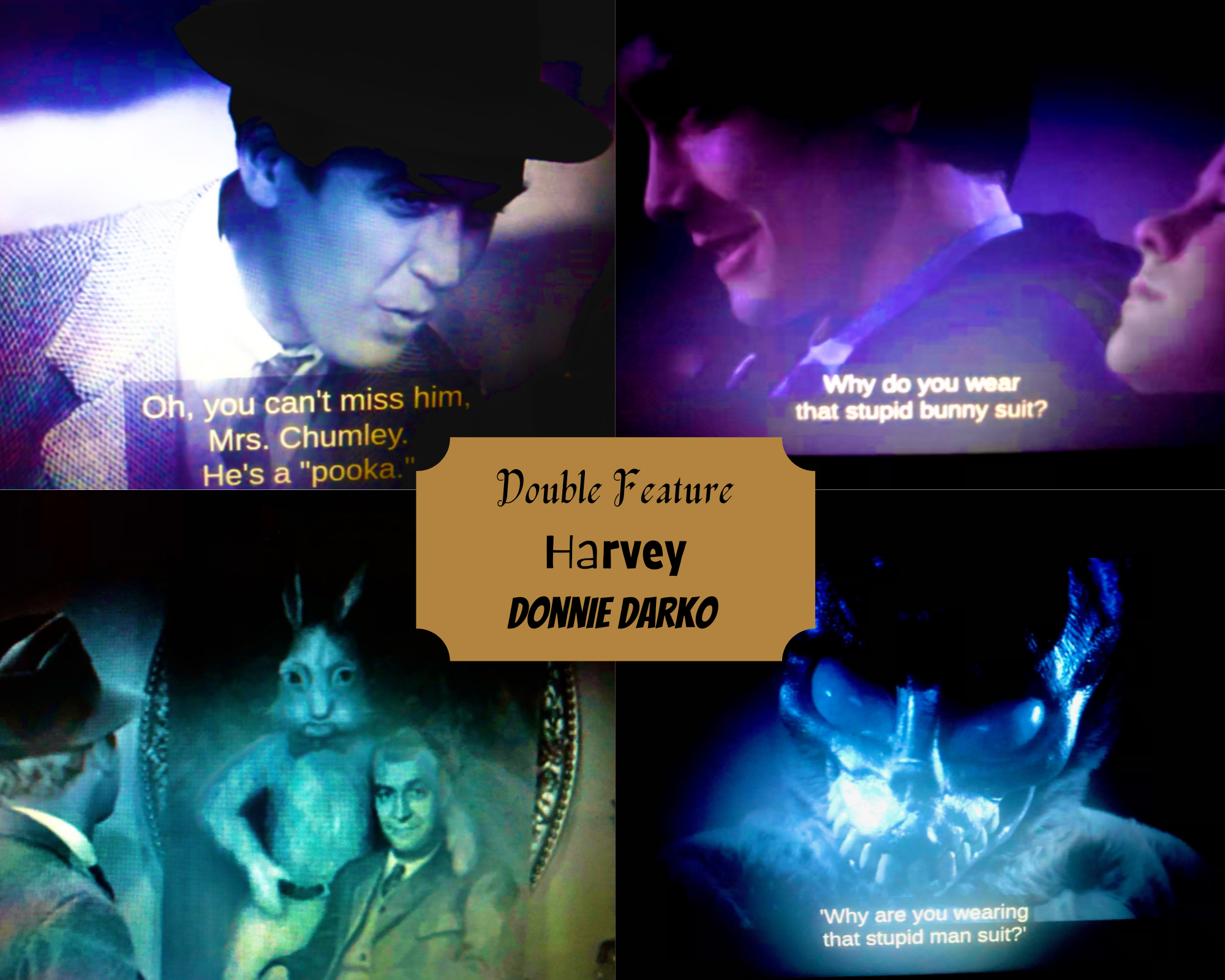 Comparison of film stills from movies: Harvey and Donnie Darko. 