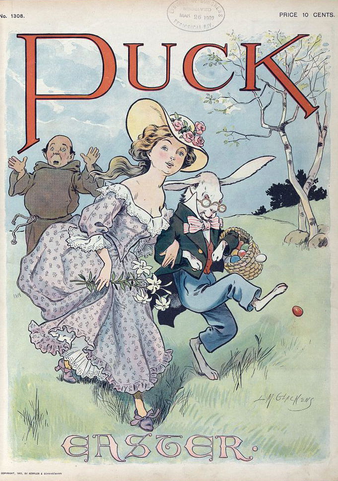 n 1902, the evolution of Puck‘s Easter Bunny continued: he was given clothes to wear and a basket for his eggs! Puck also seemed to subscribe to the “fertility goddess” idea, often showing the bunny with a beautiful young woman.