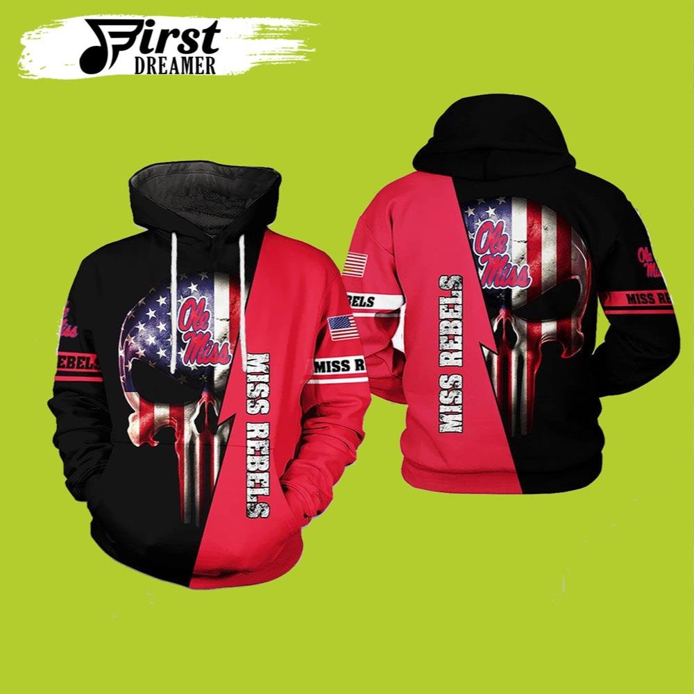 Ole Miss Rebels NCAA US Flag Skull 3D Printed Hoodie Zipper Hooded Jacket