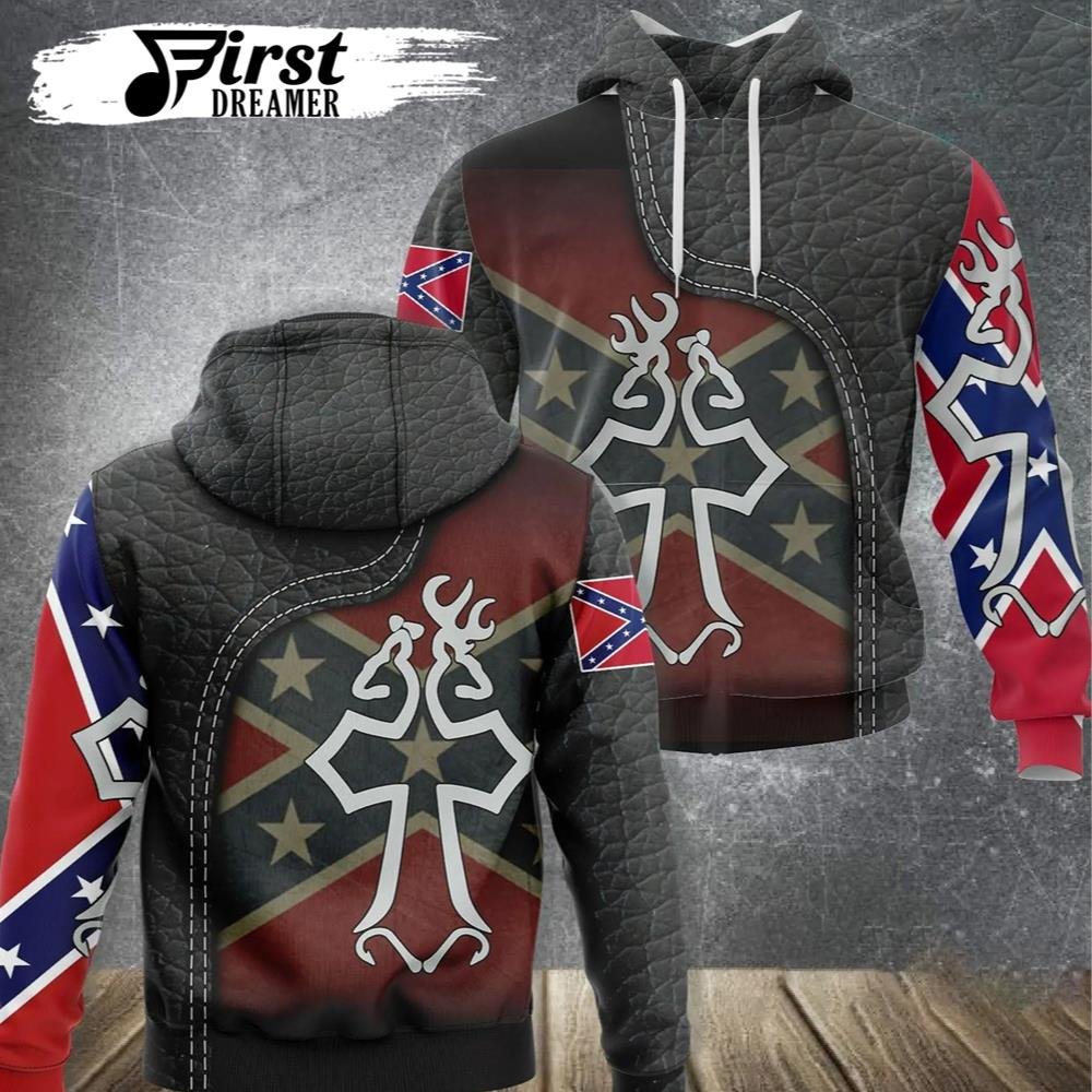 Rebel Confederate Flag Southern Hunting Cross Leather 3D All Over Printed Hoodie