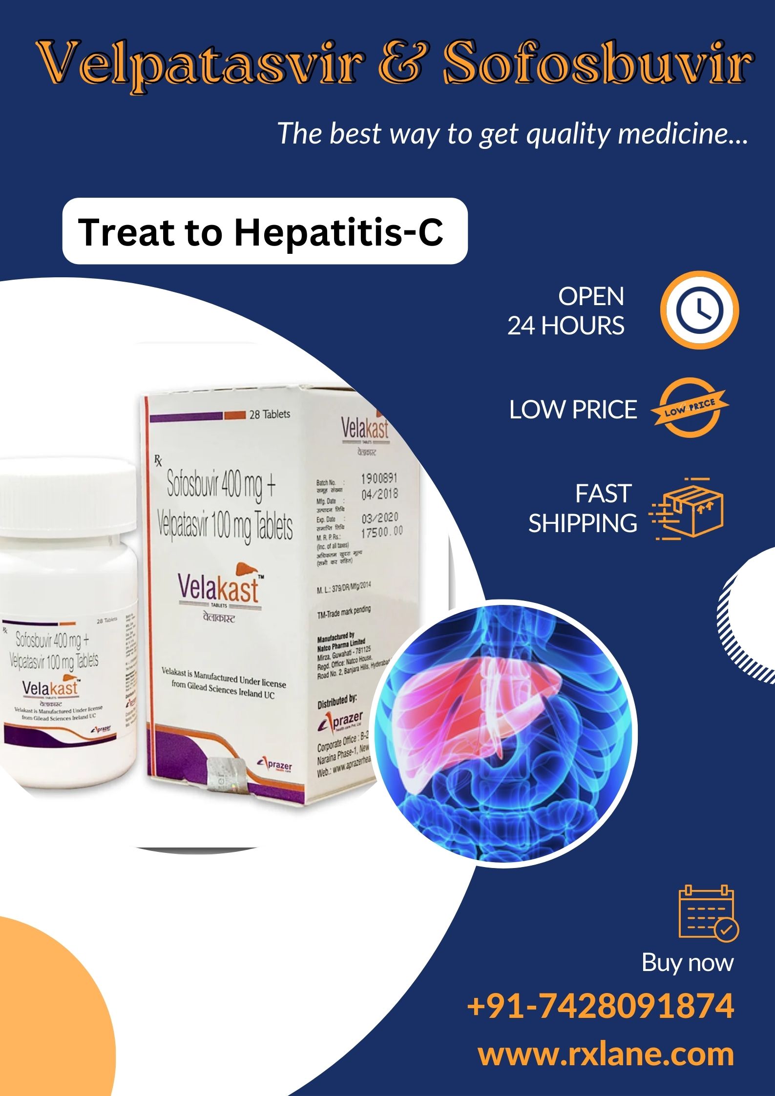 Velpatasvir 100mg and Sofosbuvir 400mg Tablet price Singapore, Malaysia, Thailand, Peru