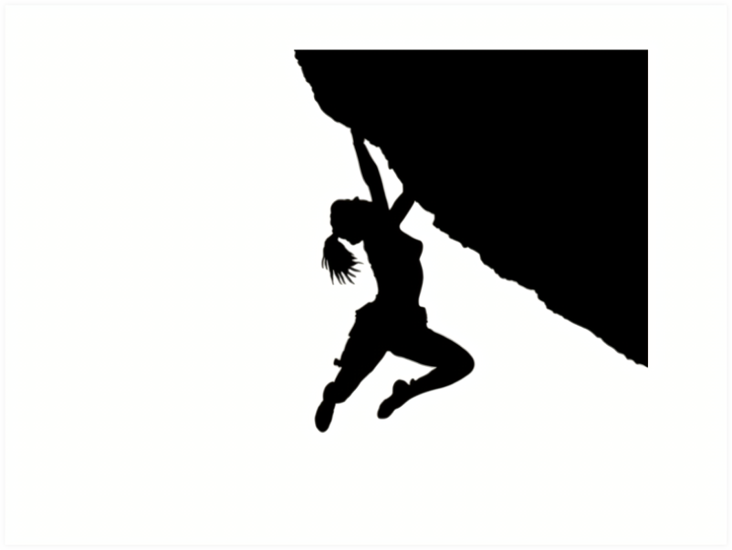 A silhouette of a female rock climber hanging from the overhang of a mountain side.