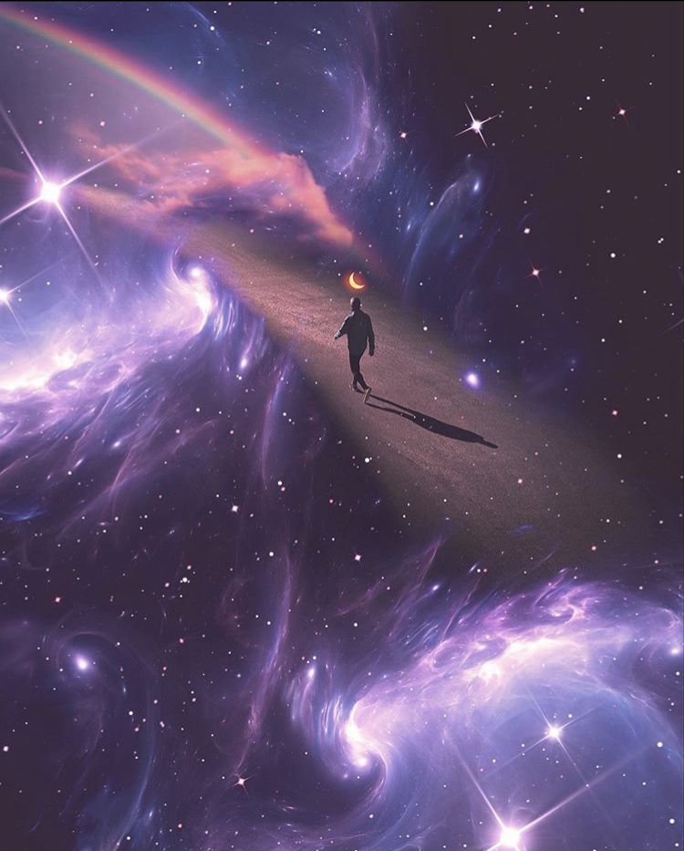 Silhouette of a person among stars and nebulas, walking on a thin plane of dust in space.