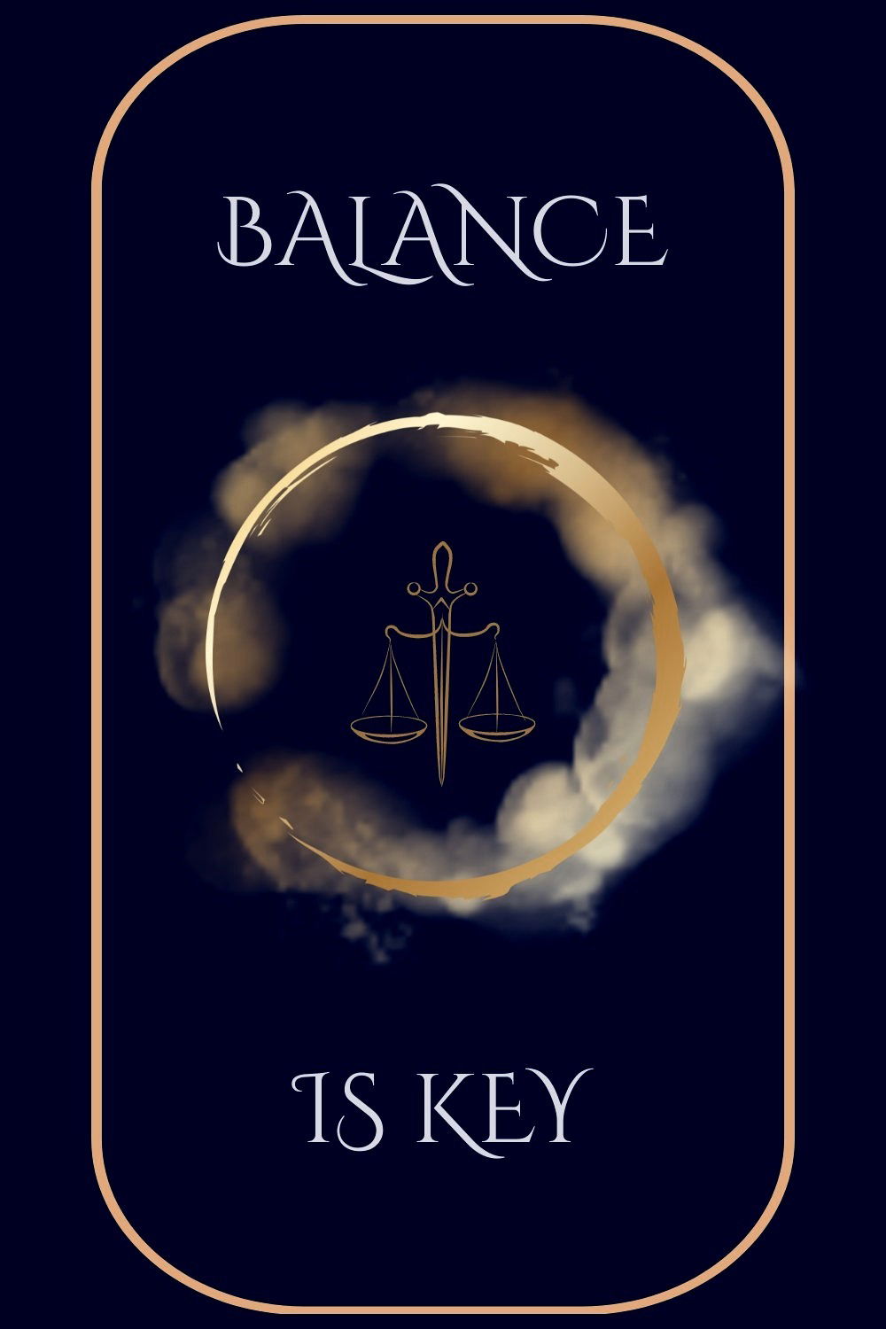 A dark blue background with Balance Is Key written in gold with an icon of a golden scale encircled with golden clouds in the center.