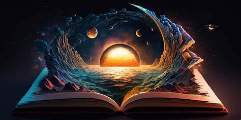 An open book with pages morphing into rocks, cliffs, and waves of an ocean with fictional planets hovering above it in the blackness of space filled with stars.