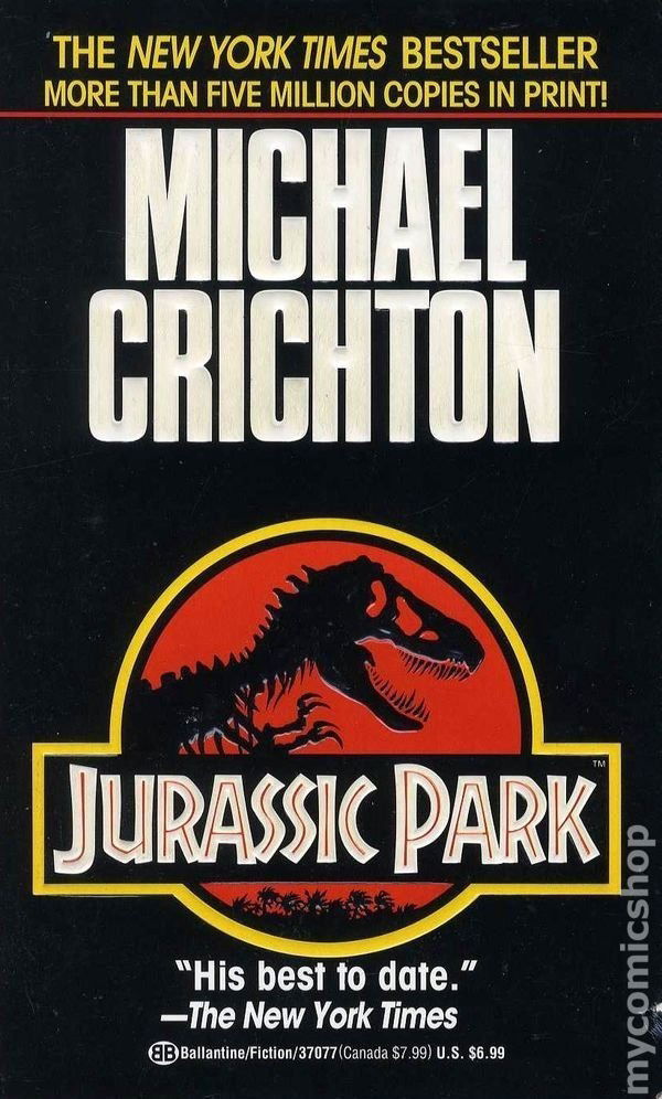 The book cover for Jurassic Park by Michael Crichton.