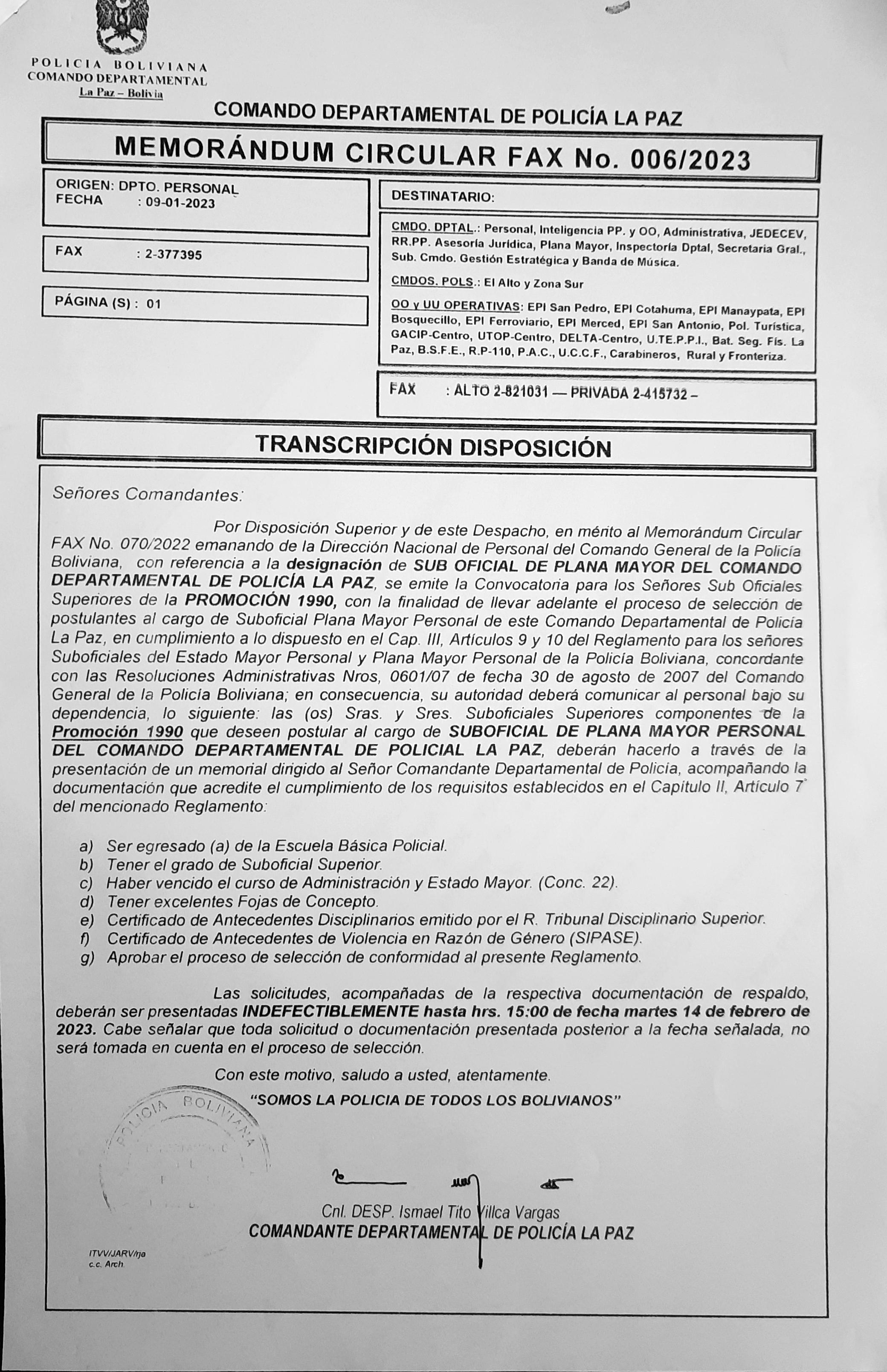 Memorandum Circular 00623 Postulacion De Sof Plana Mayor Batallon De Seguridad Fisica Estatal 1736