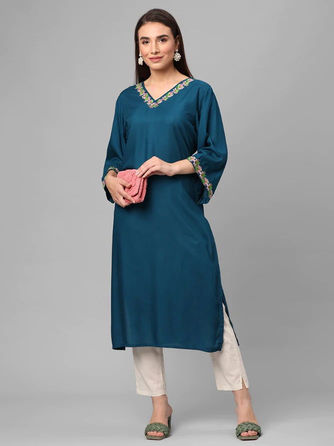 blue embroidered kurta kurti