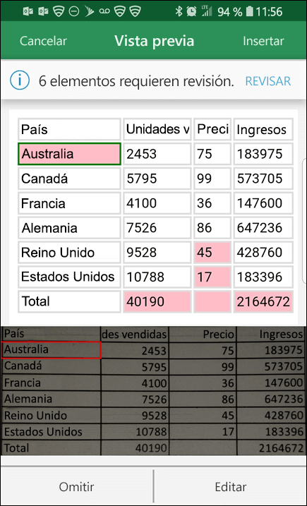 Importar datos de Excel desde una imagen le permite corregir cualquier problema encontrado al convertir los datos.