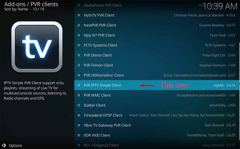 IPTV op Kodi - PVR-add-on in lijst
