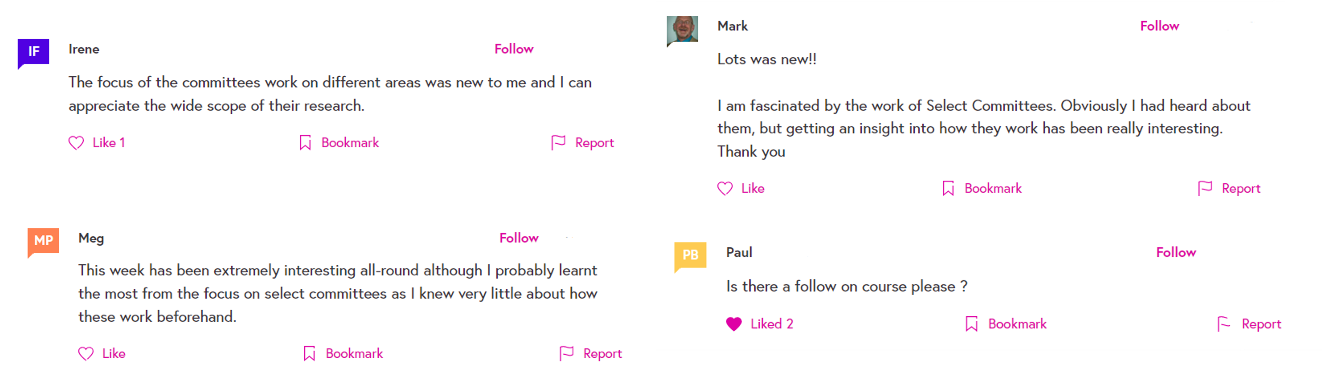 Screen shot of users comments
