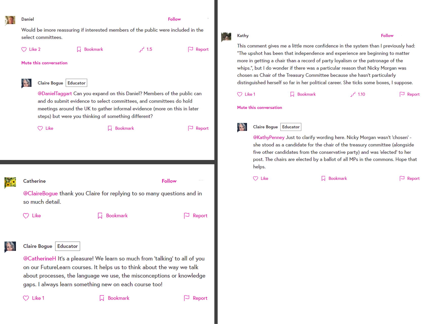 Screen shot of engaging with learners in forums