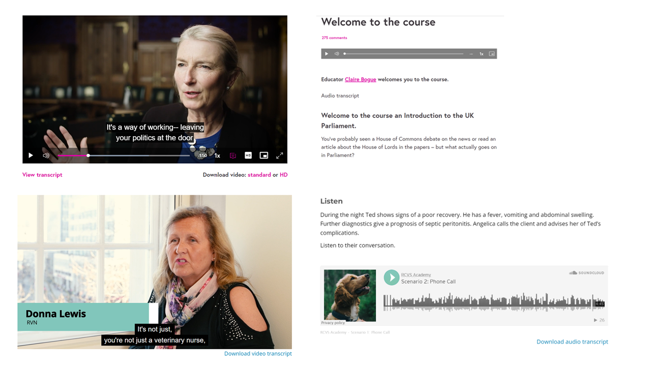 Screen shot showing videos with CC and transcripts