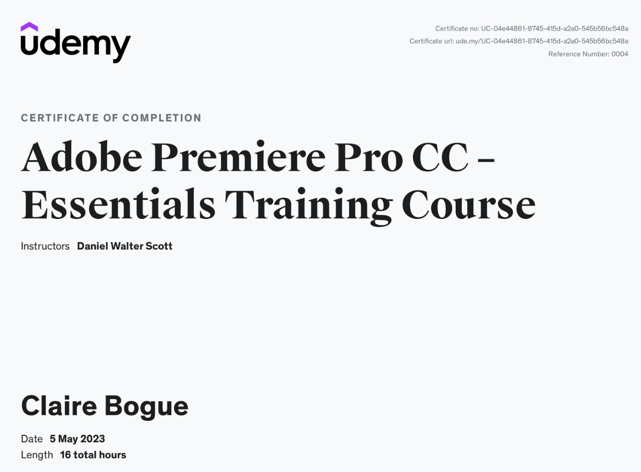 Certificate Adobe Premier Pro Essentials 