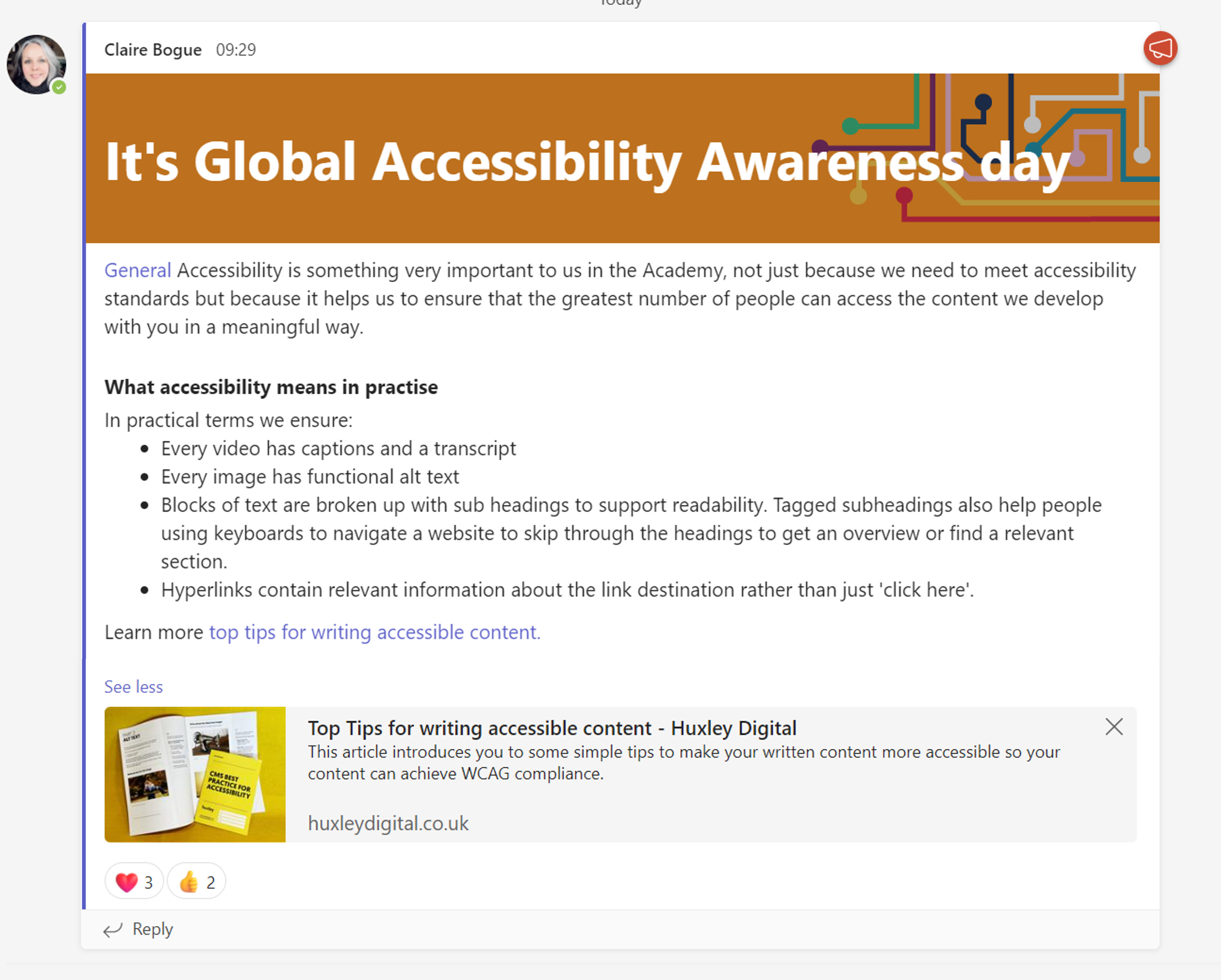 Screen shot advertising Global Accessibility Day in a teams channel