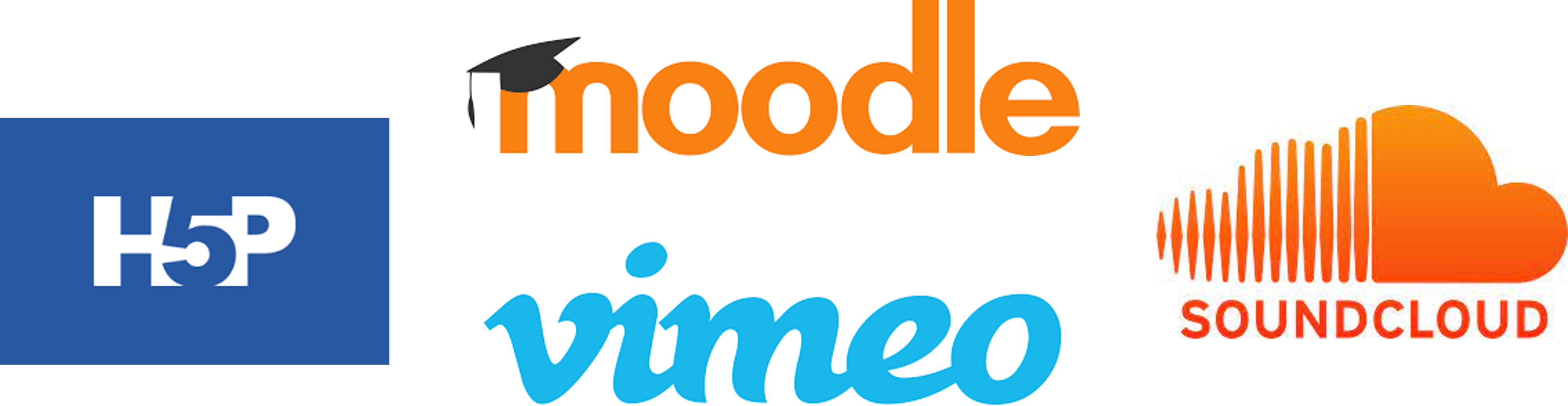 Logos of H5P, Moodle, Vimeo and Soundcloud