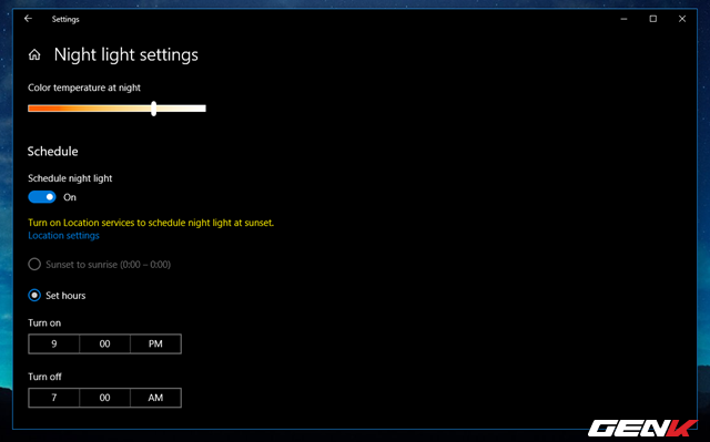 Cách thiết lập tự động kích hoạt tính năng lọc ánh sáng xanh khi đêm xuống trên Windows 10 April 2018 - Ảnh 9.