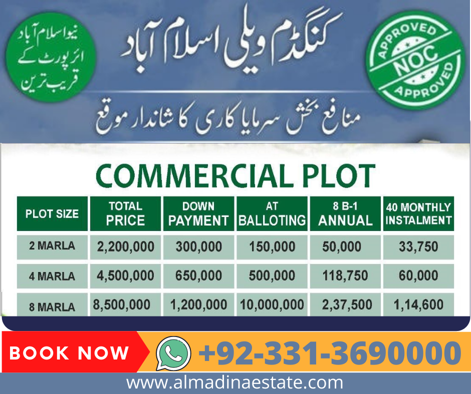 Kingdom valley Islamabad Commercial Plots Payment Plan