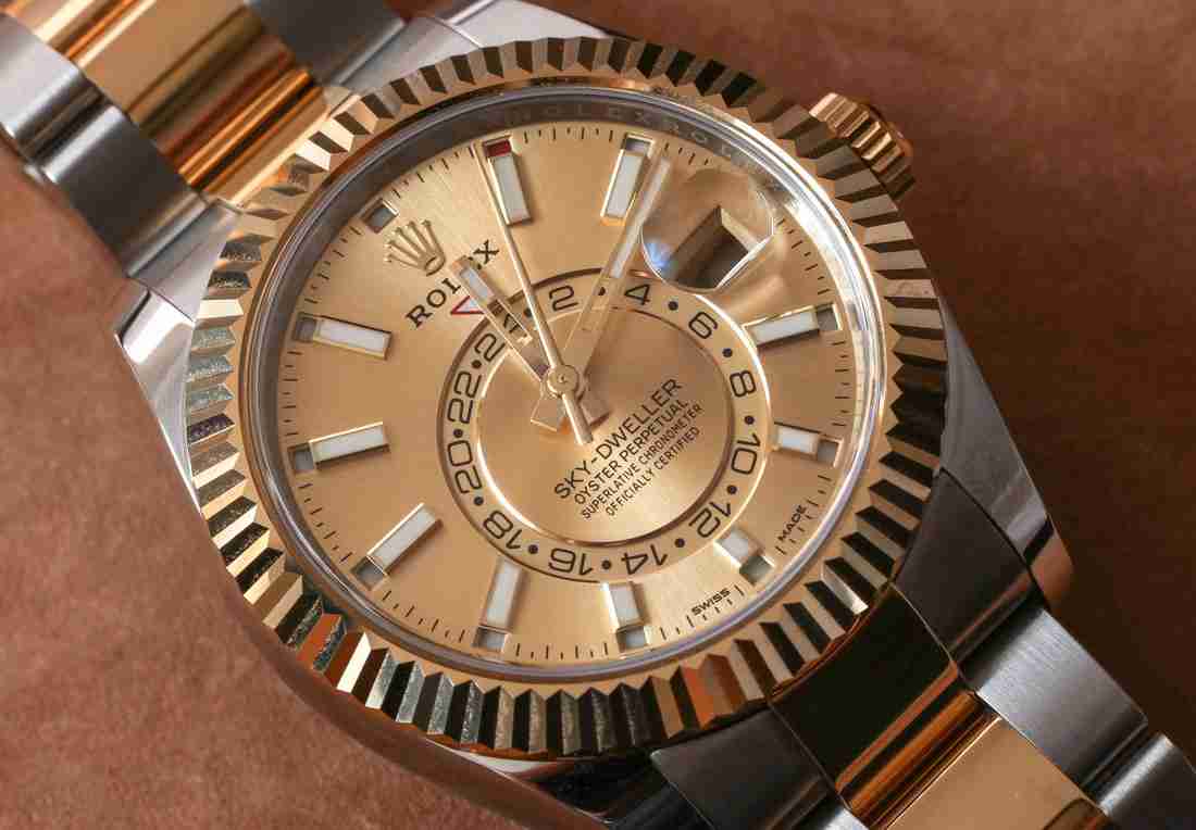 Schweizer Replica Uhren Rolex Oyster Perpetual Sky-Dweller Jahreskalender GMT Champagner Zifferblatt 18k Everose Gold